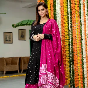 Black & Pink Buttoned Kurta Dupatta Pant Set with Pompoms - SOM