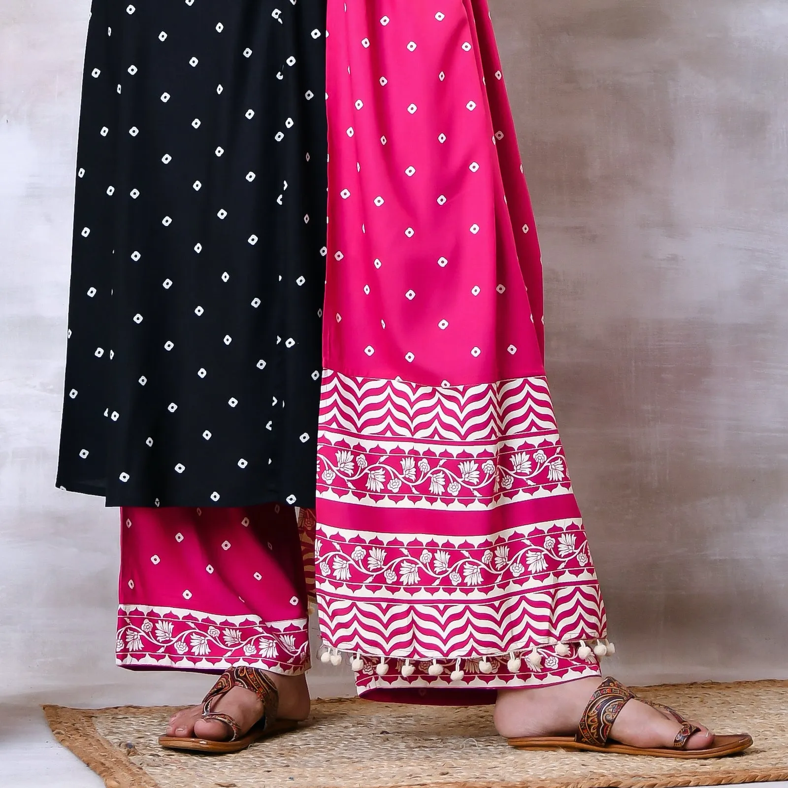 Black & Pink Buttoned Kurta Dupatta Pant Set with Pompoms - SOM