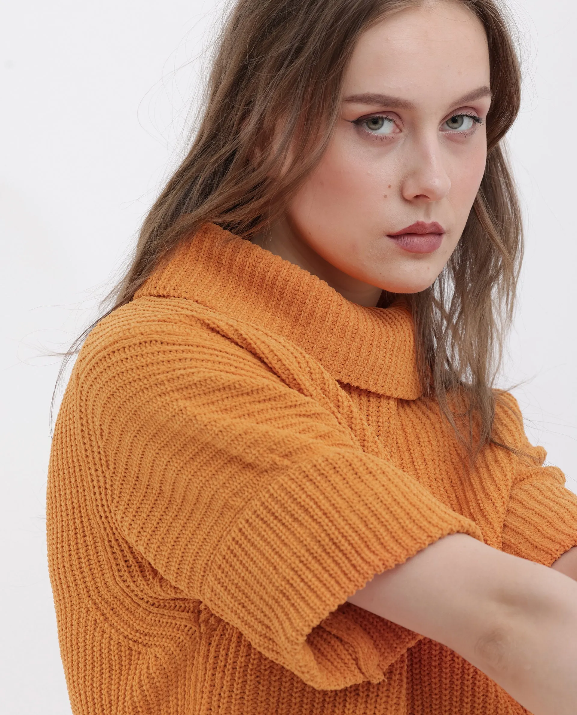 Rareism Women Daffy 1 Orange Cotton Fabric Short Sleeves High Neck Relaxed Fit Plain Sweater