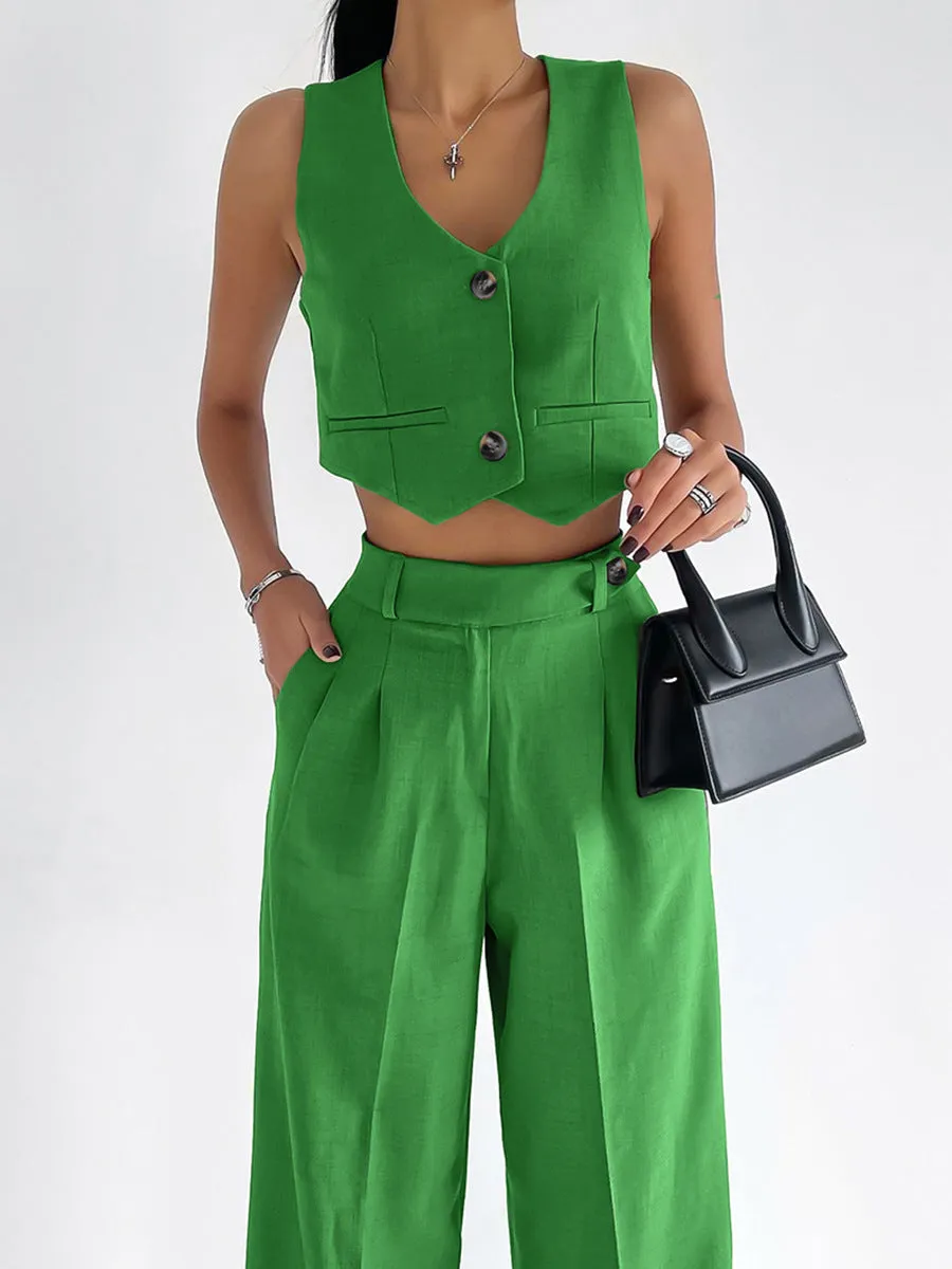 V-Neck Sleeveless Top Straight pants Suit
