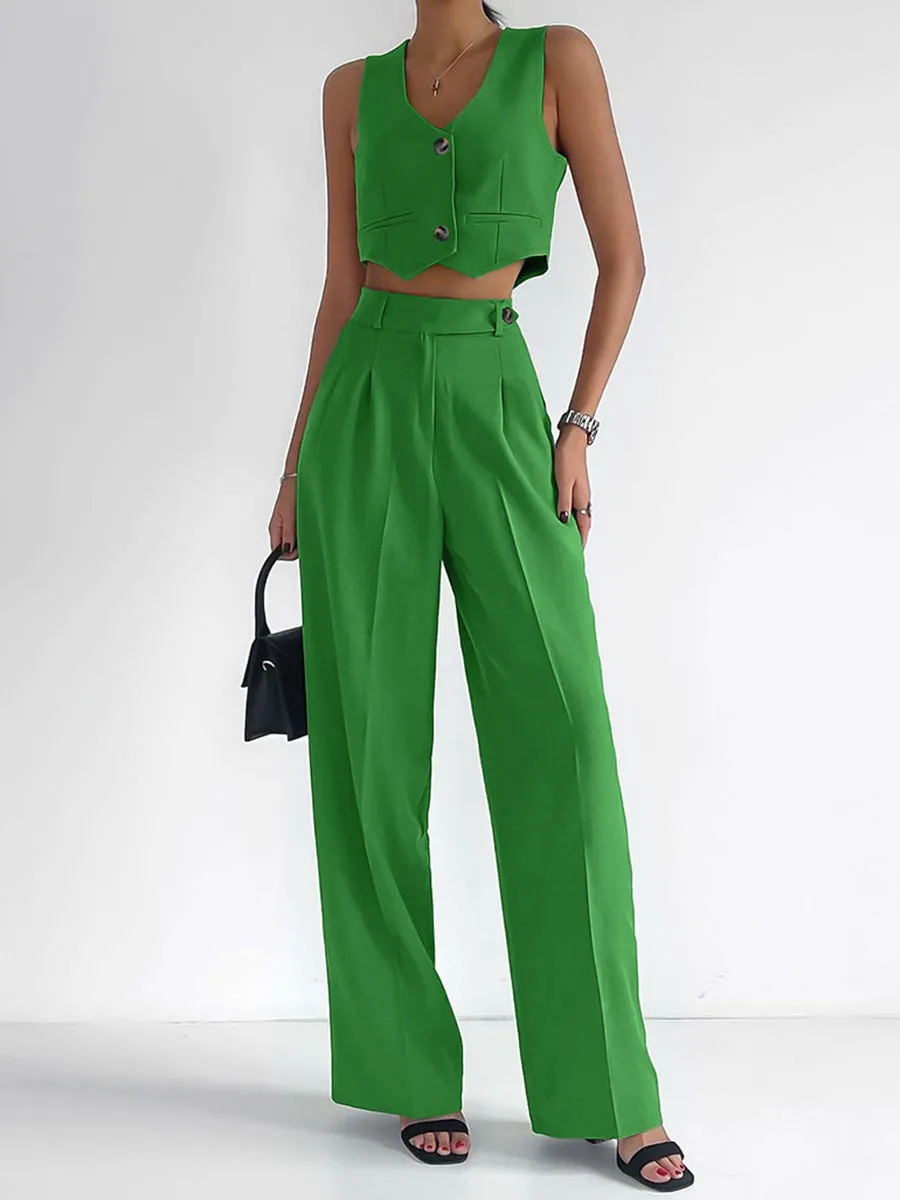 V-Neck Sleeveless Top Straight pants Suit