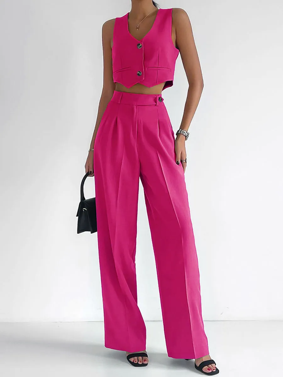 V-Neck Sleeveless Top Straight pants Suit